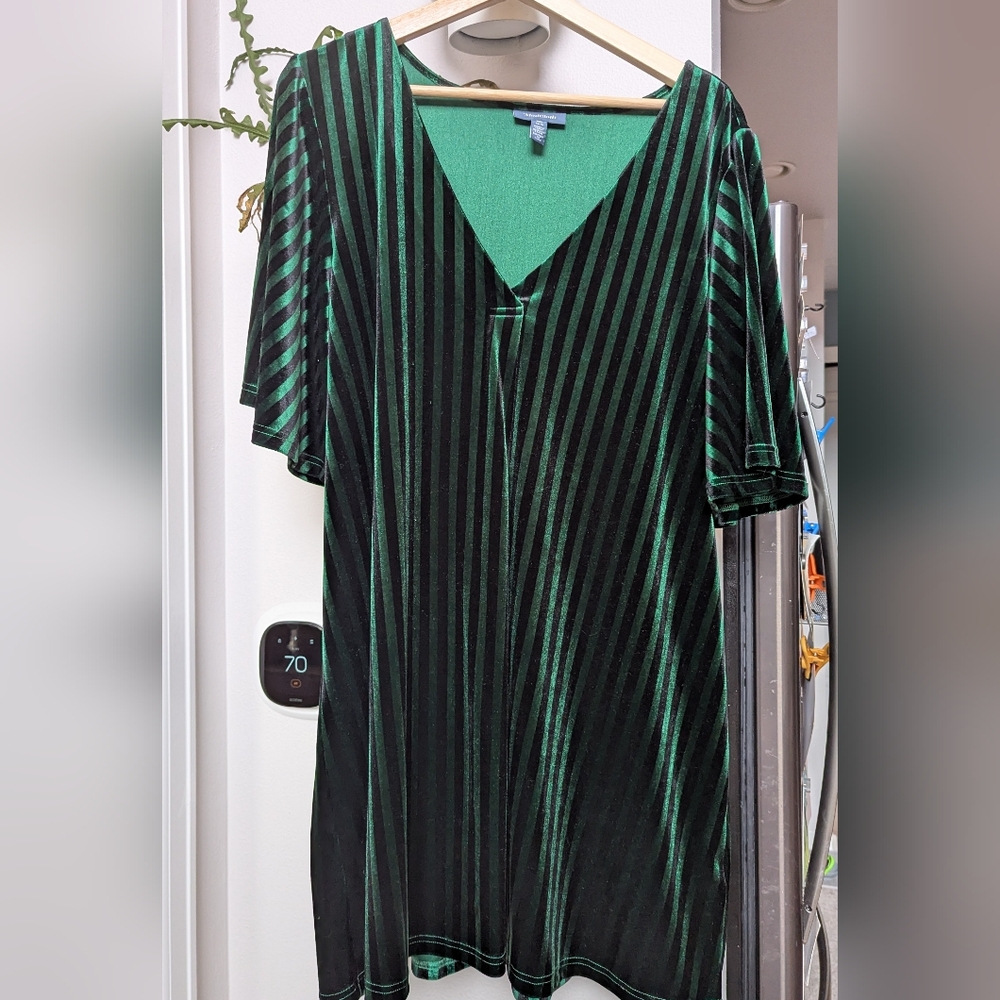 [SOLD] Modcloth Green and Black Striped Velvet Mini Dress XL